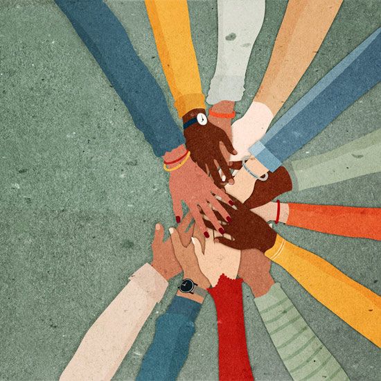 Drawing of hands in a huddle together